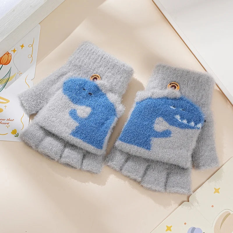 Children's Warm Gloves for Boys and Girls Cartoon Cute Half Finger Knitted Winter Flip Cover Baby Thick Cold Proof Five Fingers