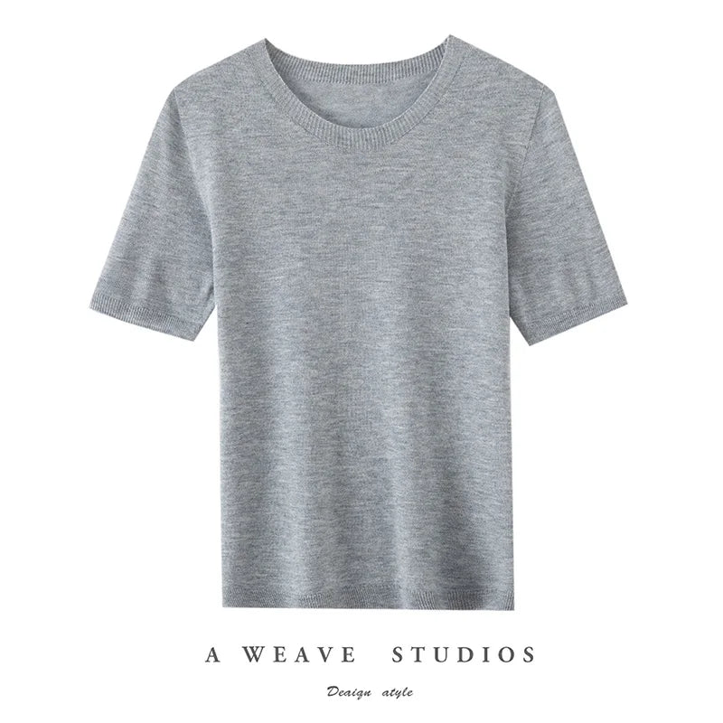 Summer New Short-Sleeved Round Neck Knitting Sweater Women's Ice Silk Thin Casual Wool T-Shirt Loose Temperament Top