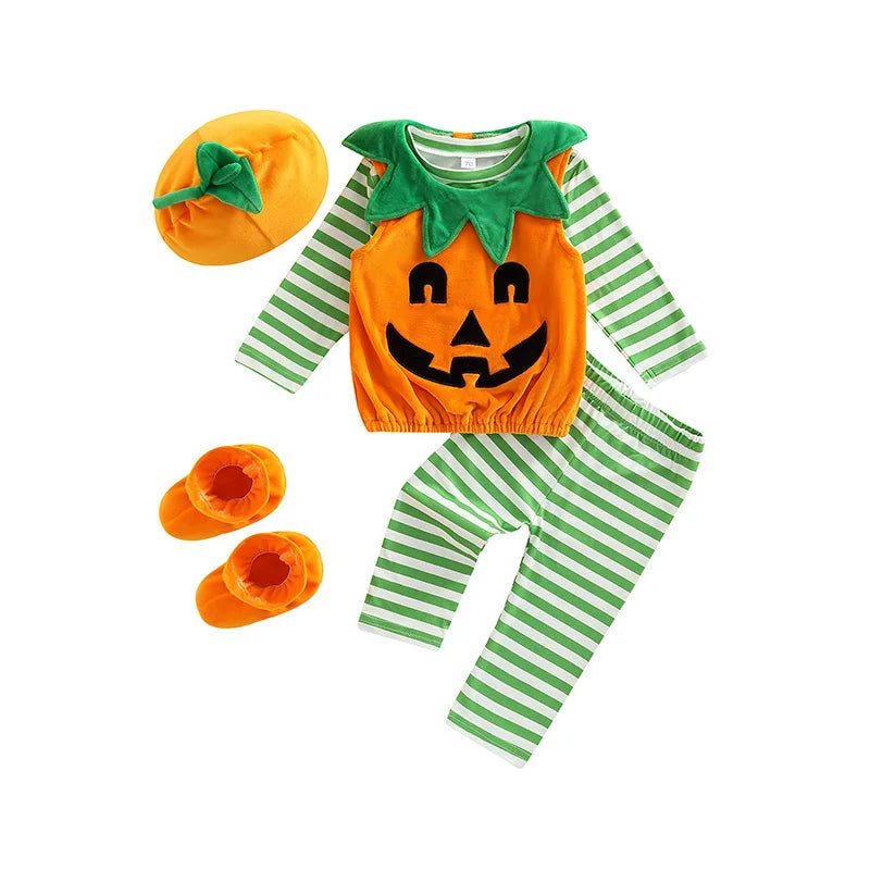 Kids Pants Suit Long Sleeve Halloween Pumpkin Print Loose Tops Fall Casual Pants Hat Sleeves