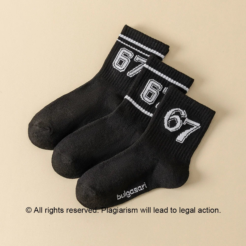 Kids' Basketball Socks 3-Pairs, Sporty Style with Number 67 Pattern, Breathable & Comfortable, Daily Wear, Ideal Birthday Gift f