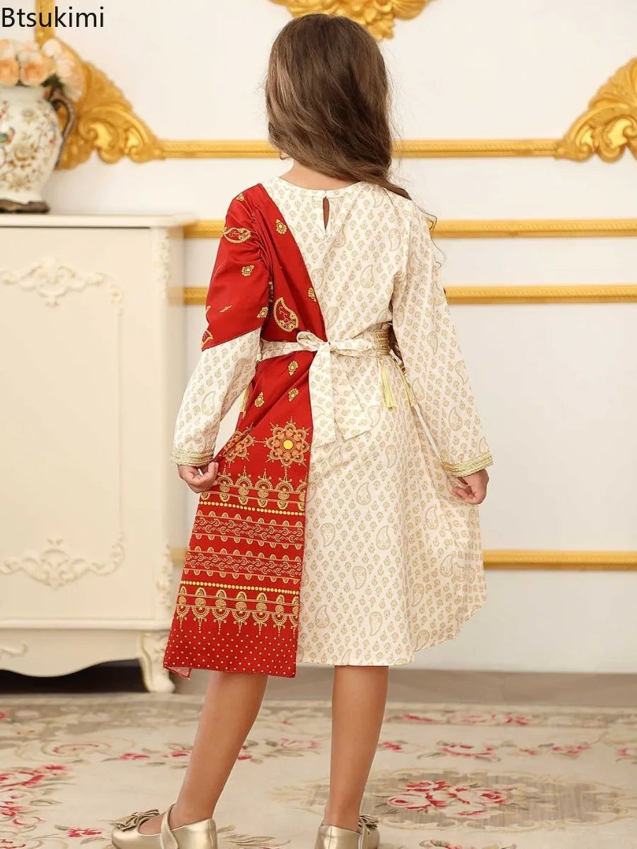 Kids Clothes Middle East Girls Dress Muslim Fashion Abayas Arabic Dubai Tassel Lace-up Gowns Islam Indian Wedding Party Dresses
