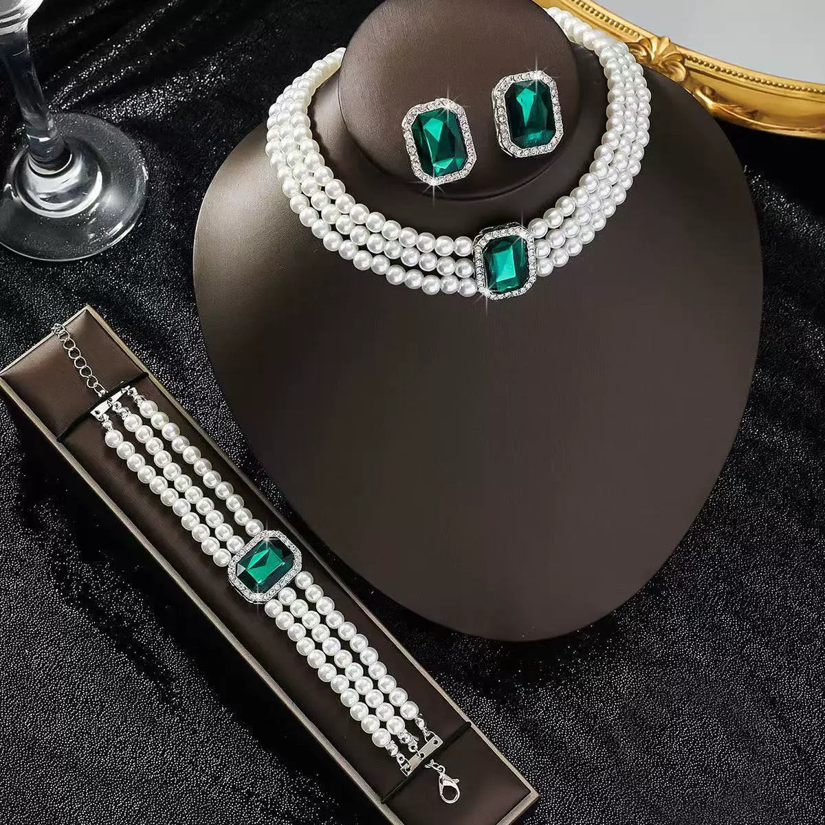 White Pearl Jewelry Set For Women Bridal Crystals Necklace Bracelet Earring Wedding Party Jewelry Sets