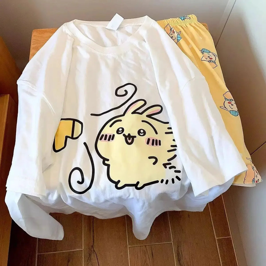 yiji Pajamas Girls Summer Thin Round Neck Short Sleeve Shorts Home Clothes Set ハチワレ Hachiware うさぎ USAG Cute Pajamas