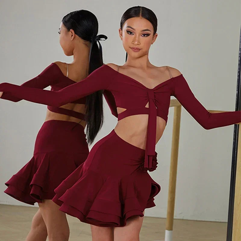 Kids Latin Dance Clothes for Girls Long SLeeves Short Top Skirt Rumba Samba Performance Competition Dress Burgundy Dress Suit