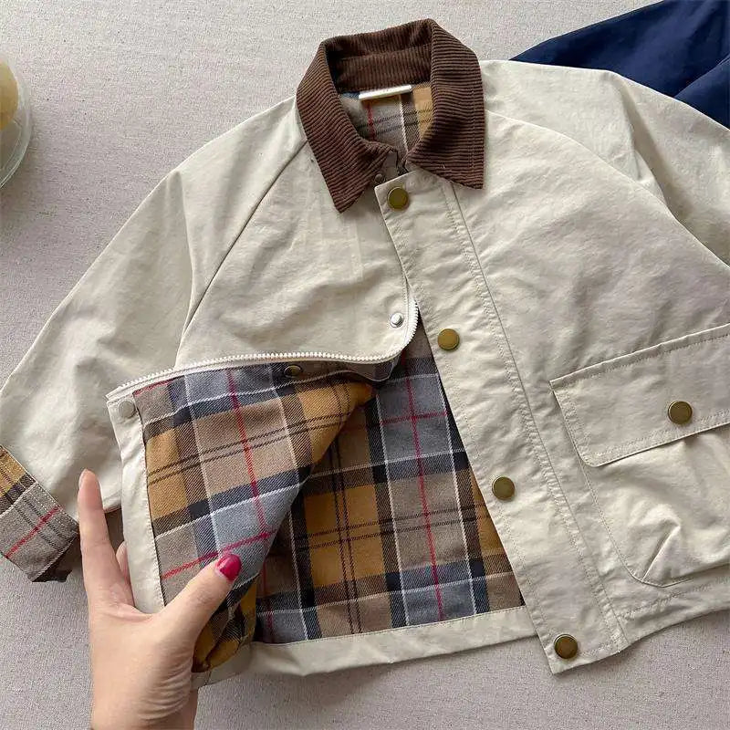 Spring Autumn Kids Boys Jacket Plaid Spliced Pocket Long Sleeve Toddler Boys Outerwears Coat Children Boys Jacket