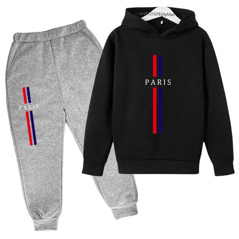 Kids Autumn Spring Casual Paris Print 2pcs Hoodie+Pants Tracksuits 2-13Years Boys Girls Fashion Streetwear Children Clothes Sets