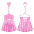 Womens Patent Leather Latex Dress Clubwear Open Chest Halter Ruffled Wet Look Halter Sexy Club Latex Dress with 2 Press Buttons