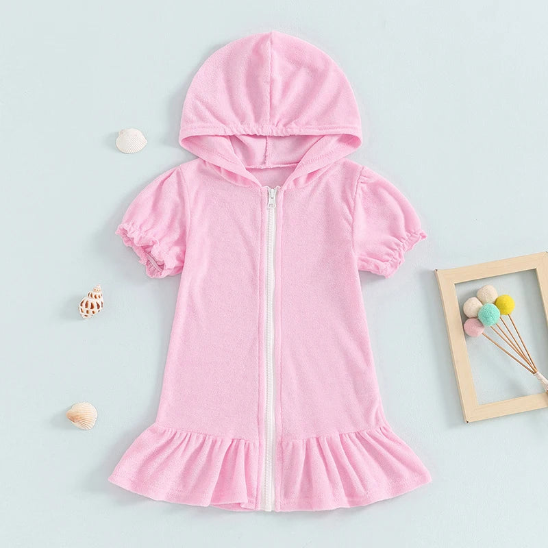 Children Kids Girls Dresses Toddler Girls Short Sleeve Zipper Hooded Ruffles Cover Up Holiday Beach Dress 1-8Y