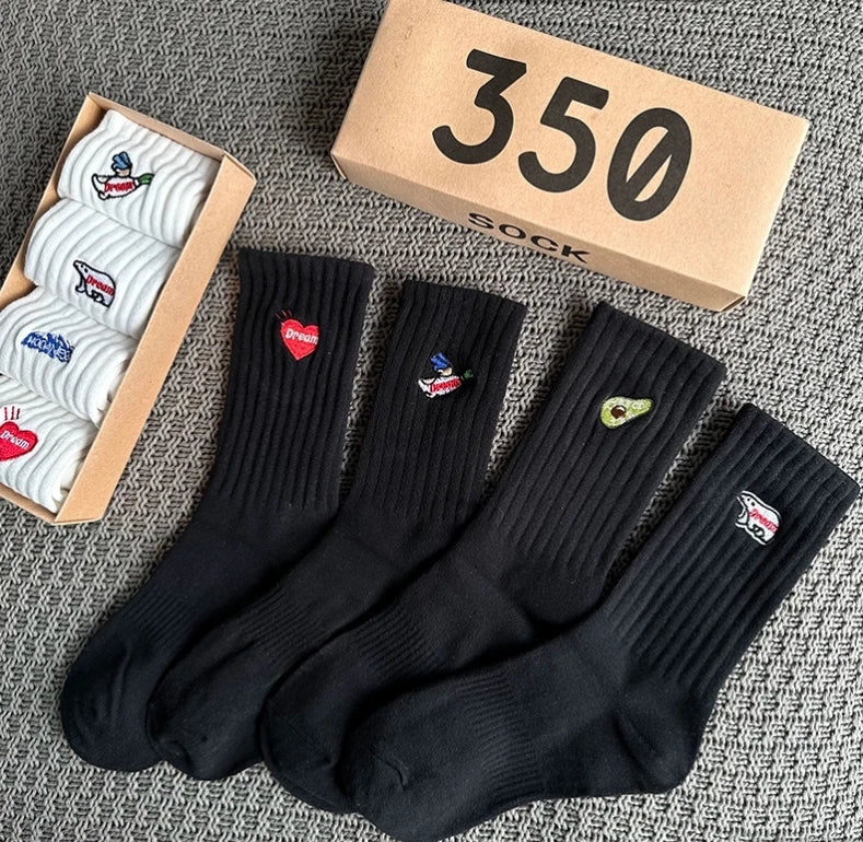 4 Pairs/Box Women's Socks Gift Box Spring Summer Fashion Embroidery Free Shipping Items Funny Gifts Black Middle Tube Socks