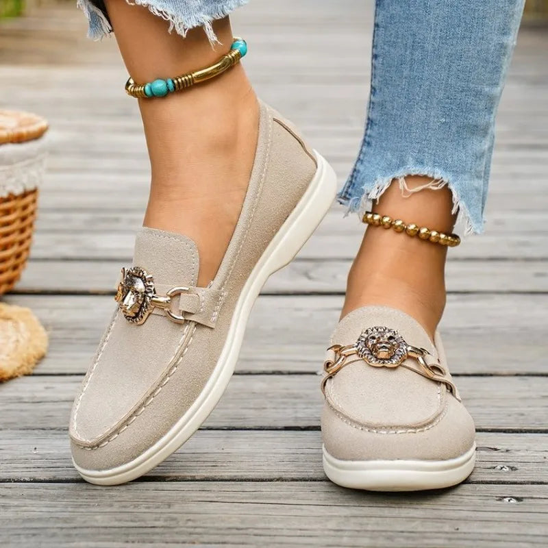 Women Loafers Casual Shoes Suede Flats Lion Head Metal Buckle Slip On Moccasins Ladies Comfortable Walking Driving Shoes New2026
