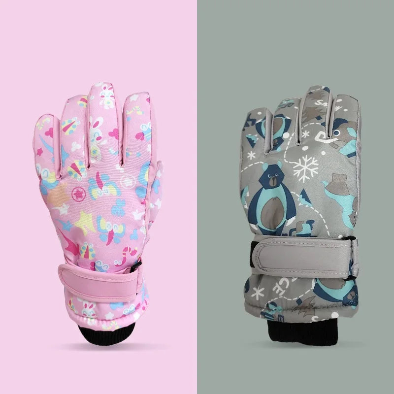 New Children Ski Gloves Girls Warm-Keeping Cartoon Pink Gloves Boys Cotton Waterproof Touchscreen Sports Gloves 9-15Y