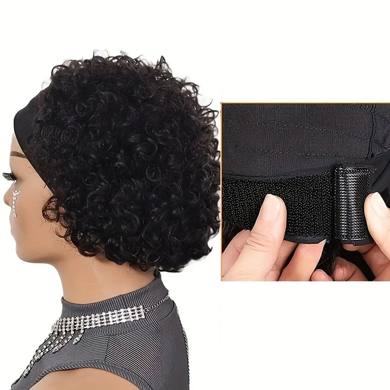 Headband Wig Human Hair for Woman Pixie Cut Wig Short Curly Hair Headband Wig Machine Made 150% Density Black Beginner Friendly