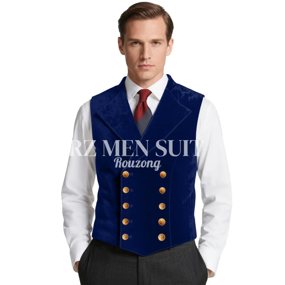 Mens Velvet Suit Vest Retro Lapel Double Breasted Tuxedo Vests Victorian Formal Waistcoat chaleco hombre