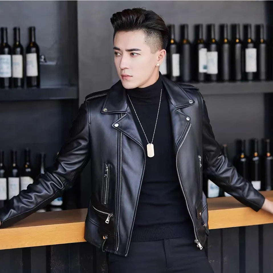 Men's PU Leather New Leather Jacket Sheep Suit Motorcycle Leather Coat Male Streetwear Regular Slim Handsome Large Size Jacket