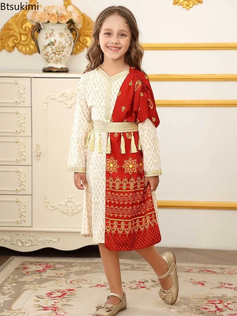 Kids Clothes Middle East Girls Dress Muslim Fashion Abayas Arabic Dubai Tassel Lace-up Gowns Islam Indian Wedding Party Dresses
