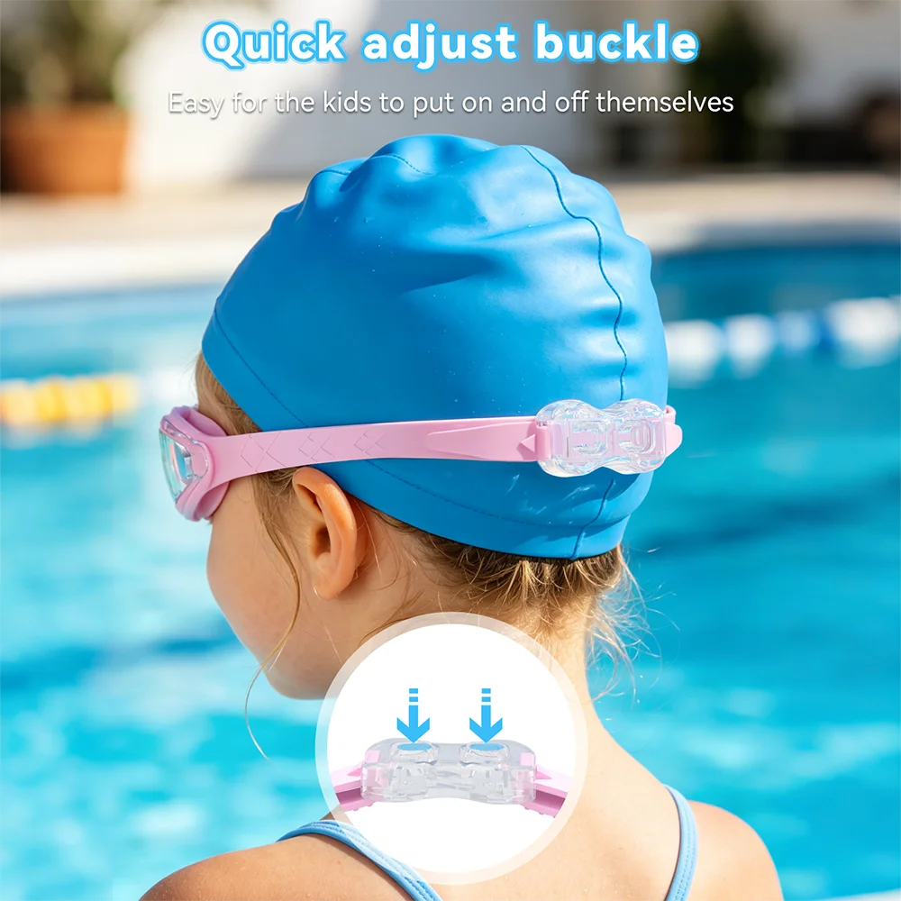 Kids Swim Goggles Swimming Eyewear Glasses Quick Adjustable Strap Anti-fog&Leak Replaceable Nose Bridge Girls Boys With Age 3-14
