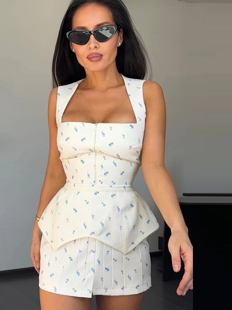 Women Floral Printed Sleeveless Dress Waist Tape Square Collar Elegant Waist-closed Lady Mini Dresses 2026 Summer Female Vestido