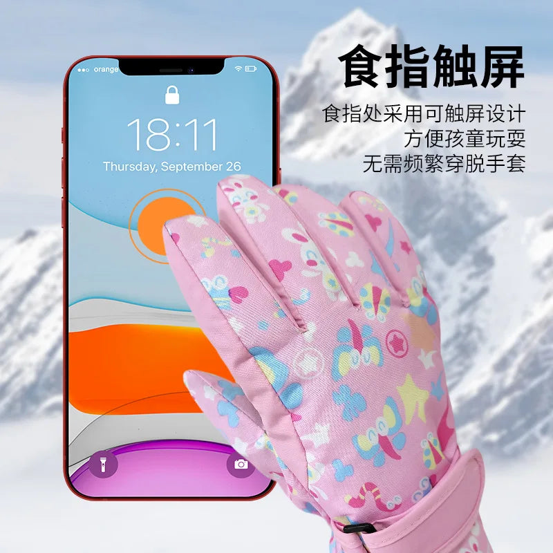 New Children Ski Gloves Girls Warm-Keeping Cartoon Pink Gloves Boys Cotton Waterproof Touchscreen Sports Gloves 9-15Y