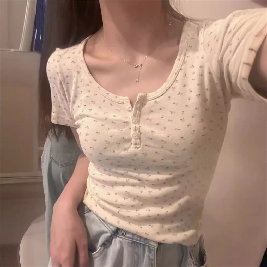 Y2k Short Sleeve Sexy U Collar Floral Print Lace Slim T-shirt 2025 Summer Women Clothing Floral Slim Shirt Button T-shirt Top