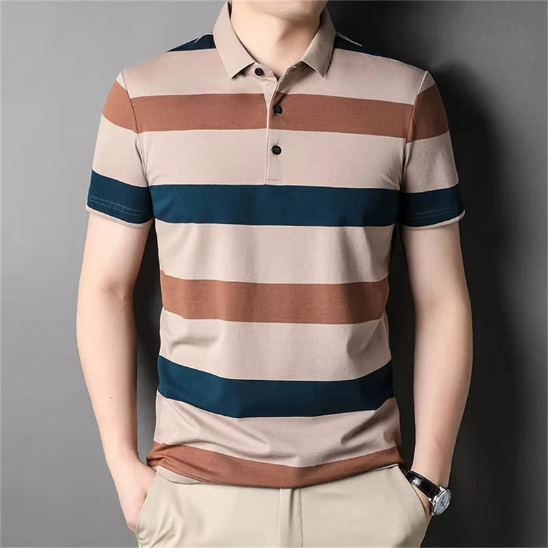 Retro Stripe Graphic Polo Shirts For Men Simple Fashion Daily Wear 3D Printed Father Polo Shirt Casual Breathable Oversized Tops