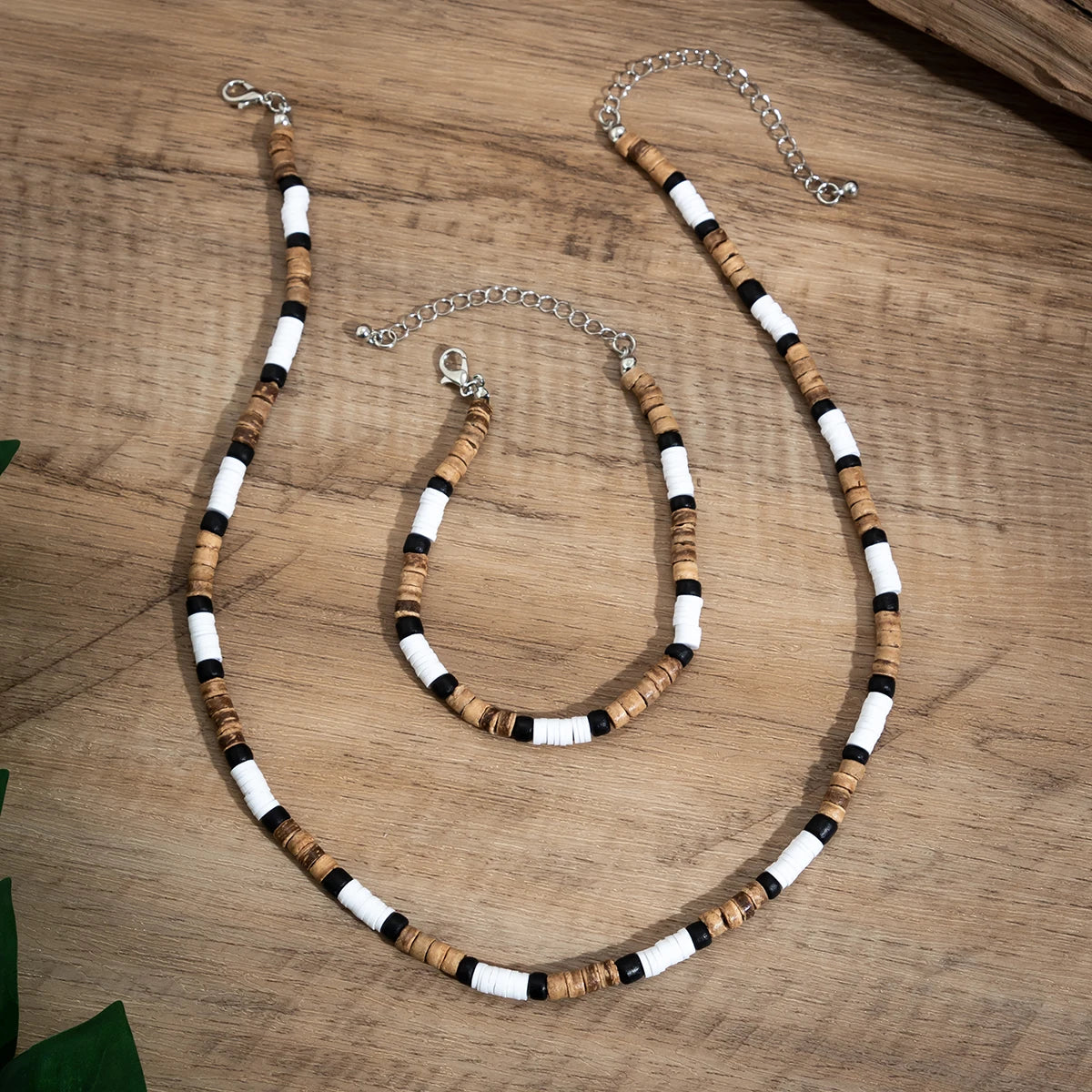 Small Wood and Polymer Clay Beads Chains Necklace and Bracelect Sets for Men Trendy Beaded Accessories on Hand/Neck 2023 Fashion