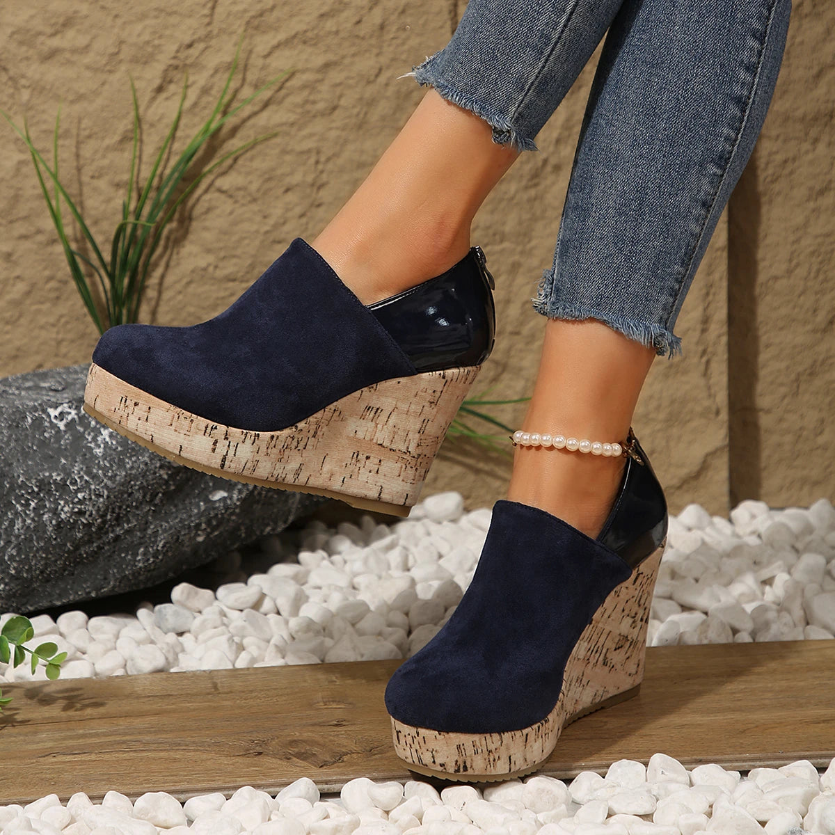 Women Sneakers Spring Autumn Faux Suede Boots Zipper Platform Wedges Sneakers Women Round Toe Sexy High Heels Shoes for Women