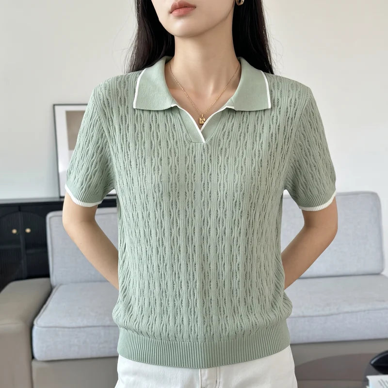 WinvyNee Spring Summer Women Cotton Polo V Collar Sweater Knitted Top Green Solid Short Sleeve Casual Pullover T-Shirt ZA1002042
