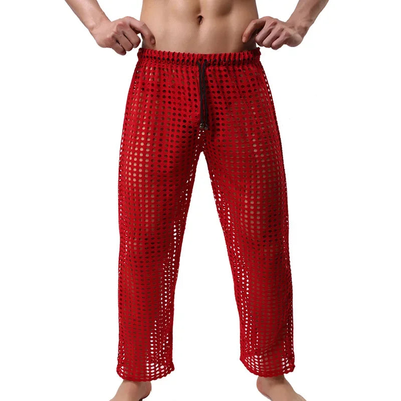 Mens Pajamas Sexy Mesh See Through Long Pants Sleepwear Fishnet Hollow Out Fitness Trousers Sleep Bottoms Sexy Underwear