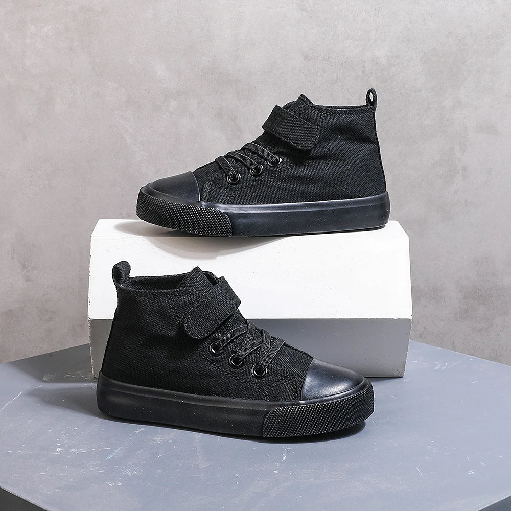 COMFY KIDS Black High-Top Canvas Sneakers, Velcro Strap and Lace-up Shoes for Boys and Girls (Ages 3-12), Comfortable Sports Shoes for Outdoor Play and School