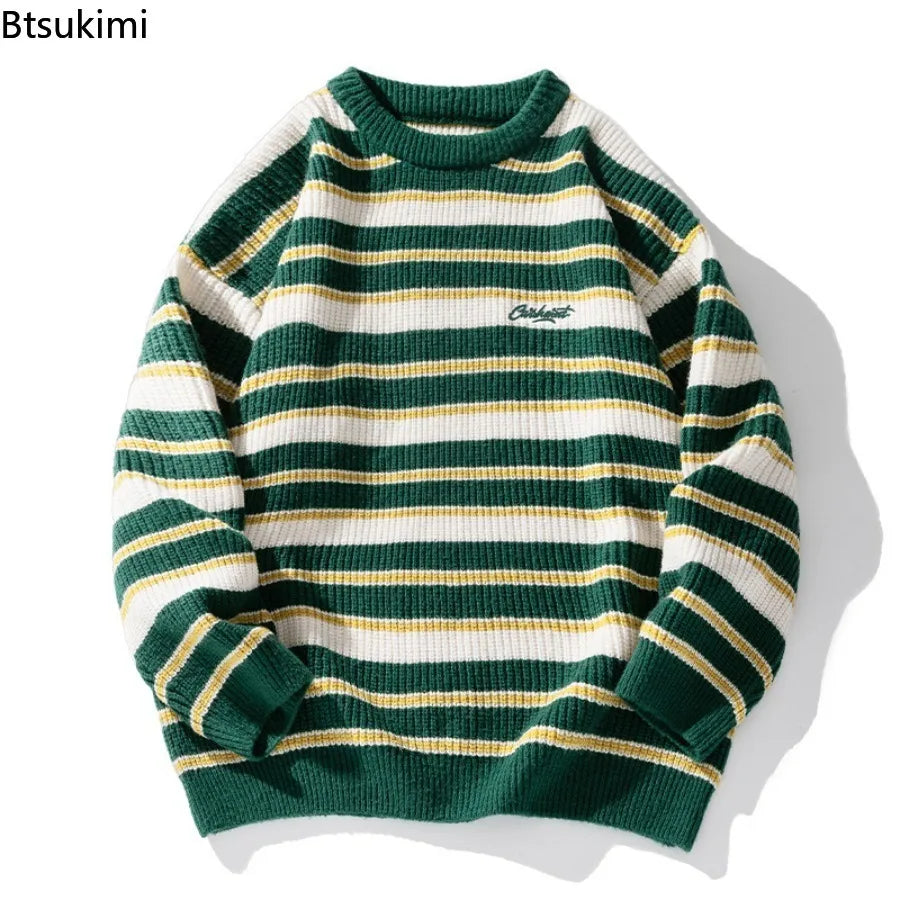 Vintage Striped Knitted Sweaters for Men Autumn Winter New Casual O-neck Embroidered Pullovers Street Style Couple Sweater Coats