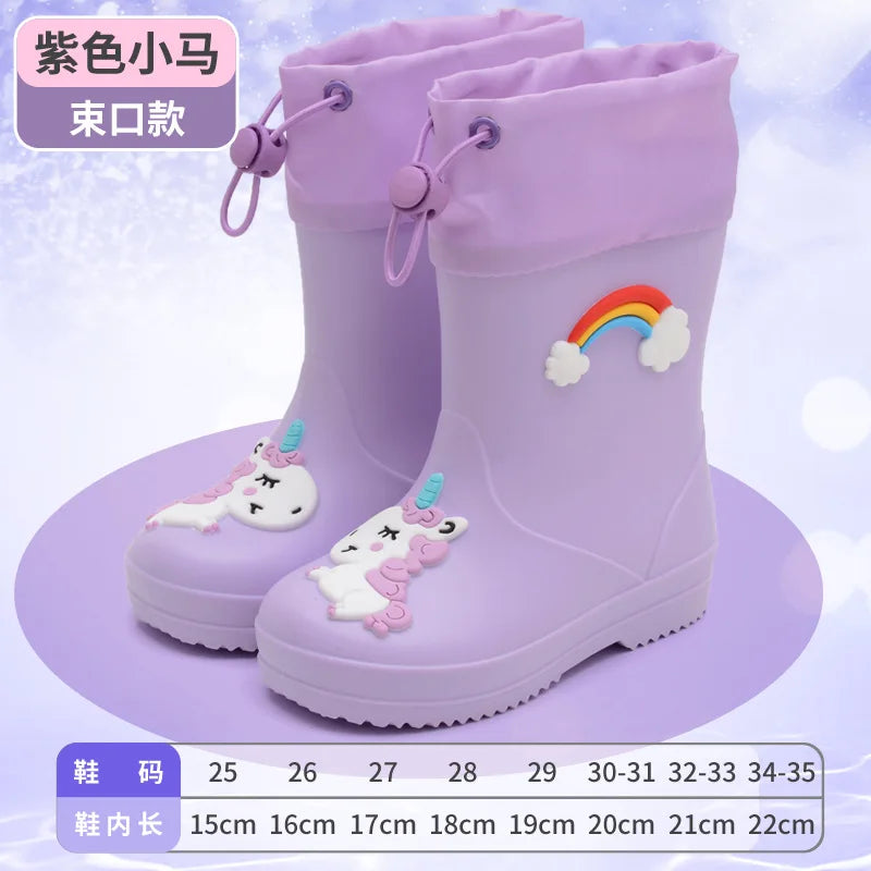 New Kids Rain Boots Boys Girls Rainbow Water Shoes Toddlers Garden Shoes Kids Cartoon Drawstring Non-Slip Rain Boots Comfortable