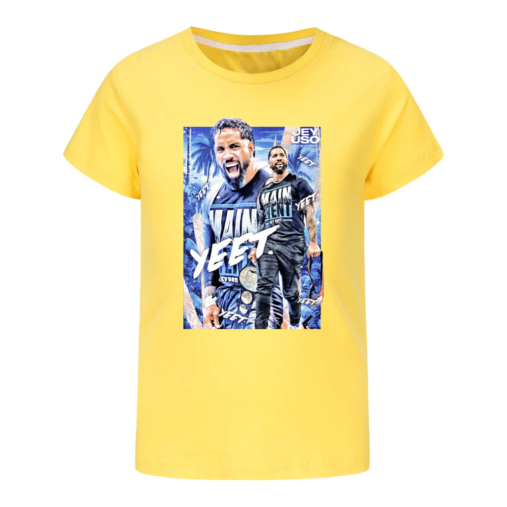 kids T-shirts  Summer Wrestler Jey Uso Short Sleeve Clothes Cartoon Tshirt The Rise of Red Costume Children Birthday Tops3952
