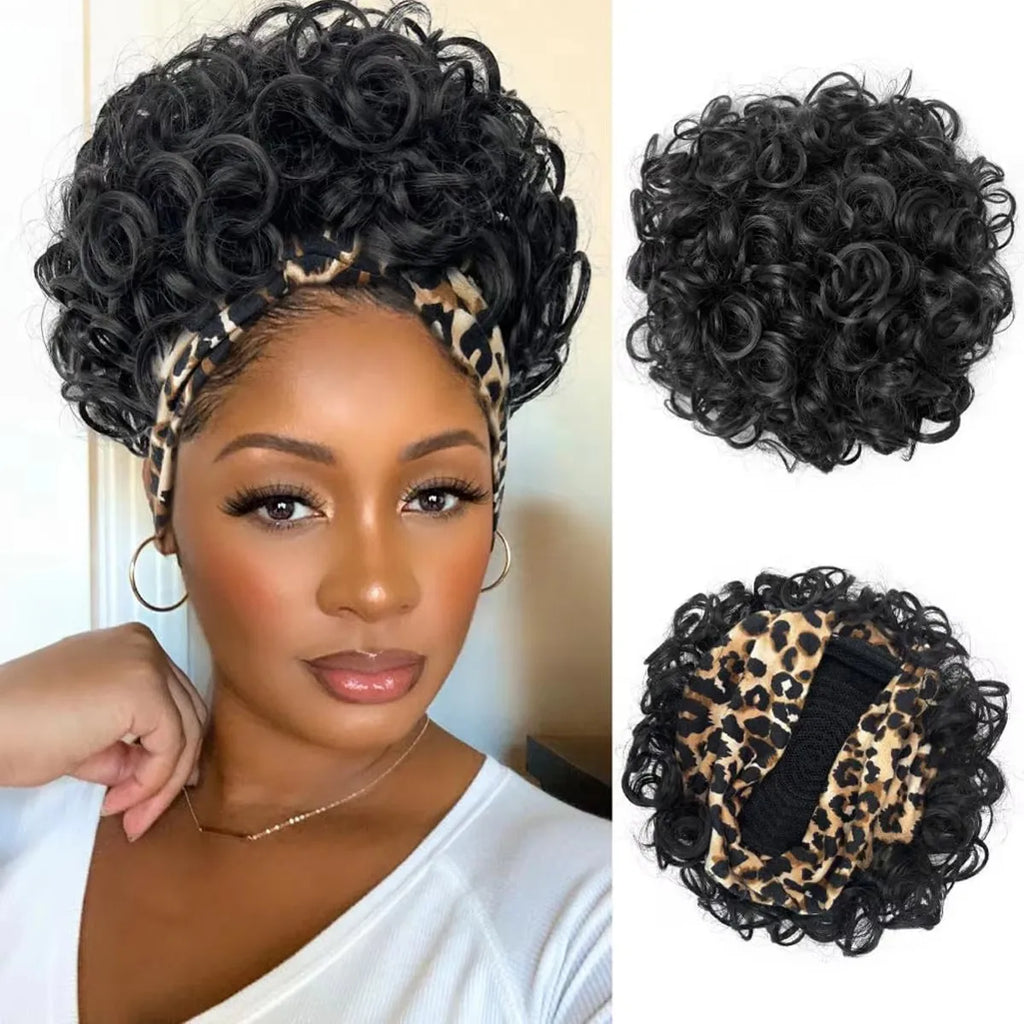 Large Curly synthetic Wigs with Headbands Attached for Women Synthitic Short Kinky Curly Wigs for Black Women With 2Secure Clips