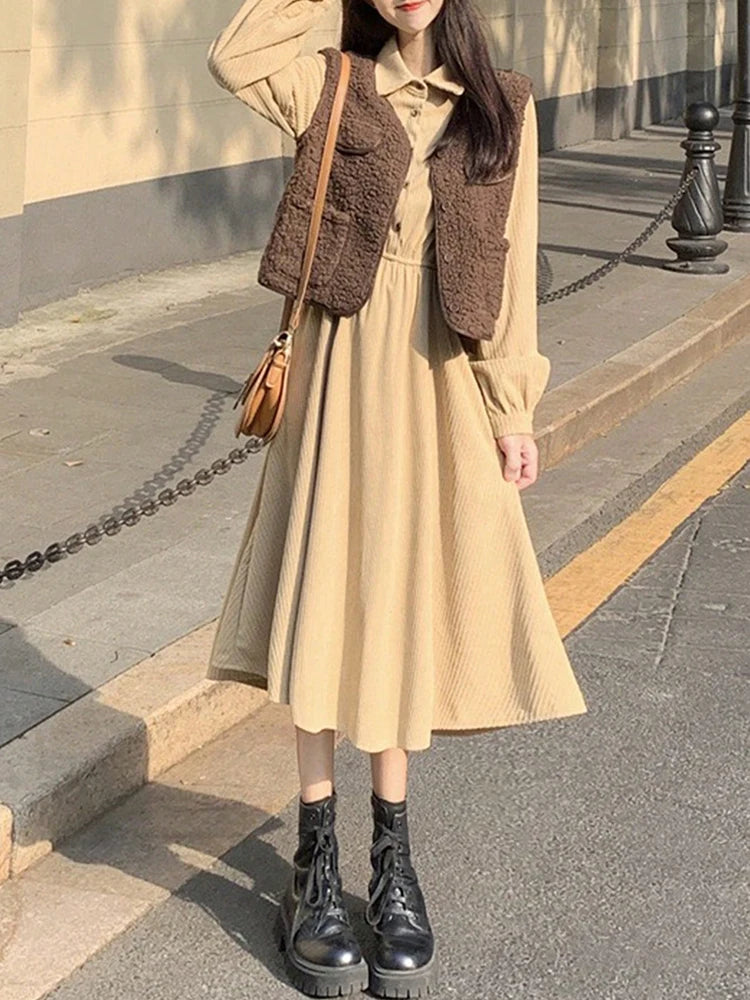 New In Dresses Girl Preppy Style Shirt Dress Solid Long Dresses With Sleeves Elegant Women's Dresses 2025 Woman Clothing