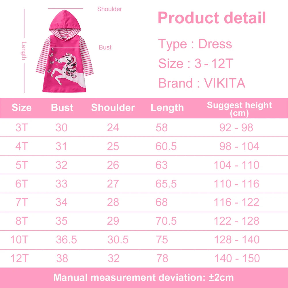 VIKITA Kids Cotton Casual Striped Straight Pink Dress Girls Licorne Butterfly Sequined Appliqued Hooded Dresses Kids Thick Dress