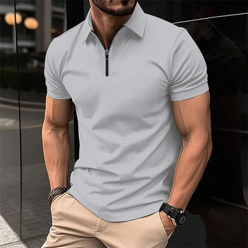 Men's stylish half-zip collar polo shirt, black slim fit short-sleeved top, business casual and versatile, available in 8 colors