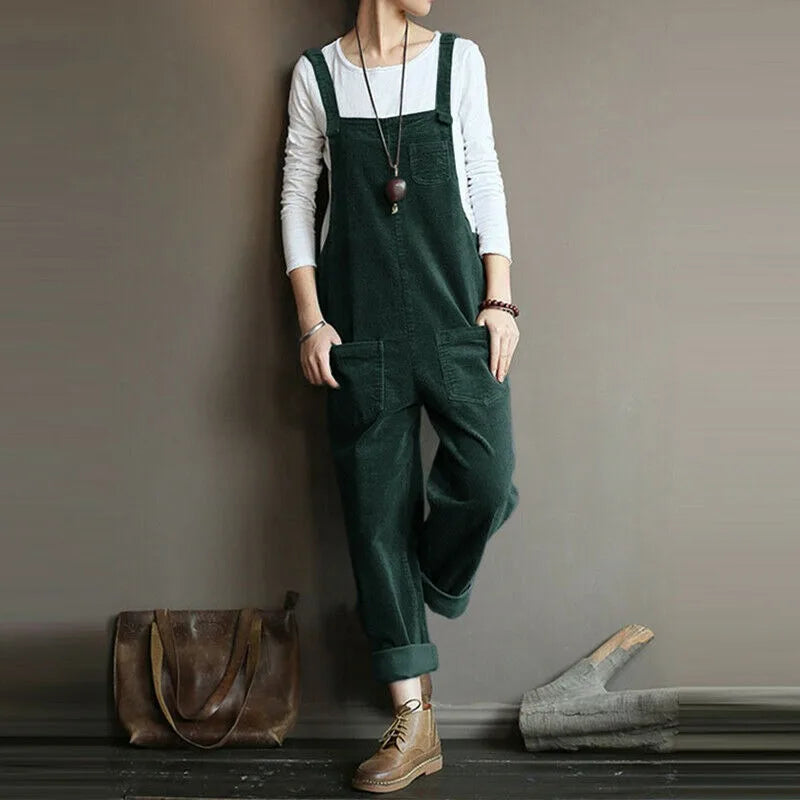 S-5XL Women Corduroy Jumpsuit Pocket Wide Leg Solid Color Loose Sleeveless Simple Autumn Playsuits Rompers Streetwear