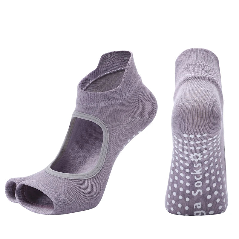 Women Two Toe Backless Yoga Socks Non-Slip Fitness Workout Pilates   Sock Ladies Breathable Sports Ballet Dance Slippers for Gym