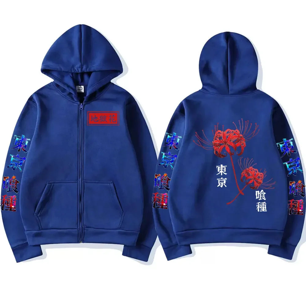 Anime Tokyo Ghoul Spider Lily Zipper Hoodie Kanekiken Manga Graphic Print Hooded Zip Up Sweatshirts Oversize Men's Jackets Coats