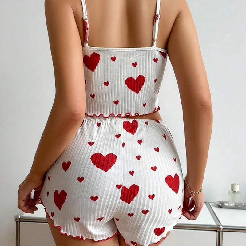 Teen girl Pajamas Set Sleepwear 2 PCS Short Tank Tops And Shorts S M L White Ventilate Soft Casual Love Printing