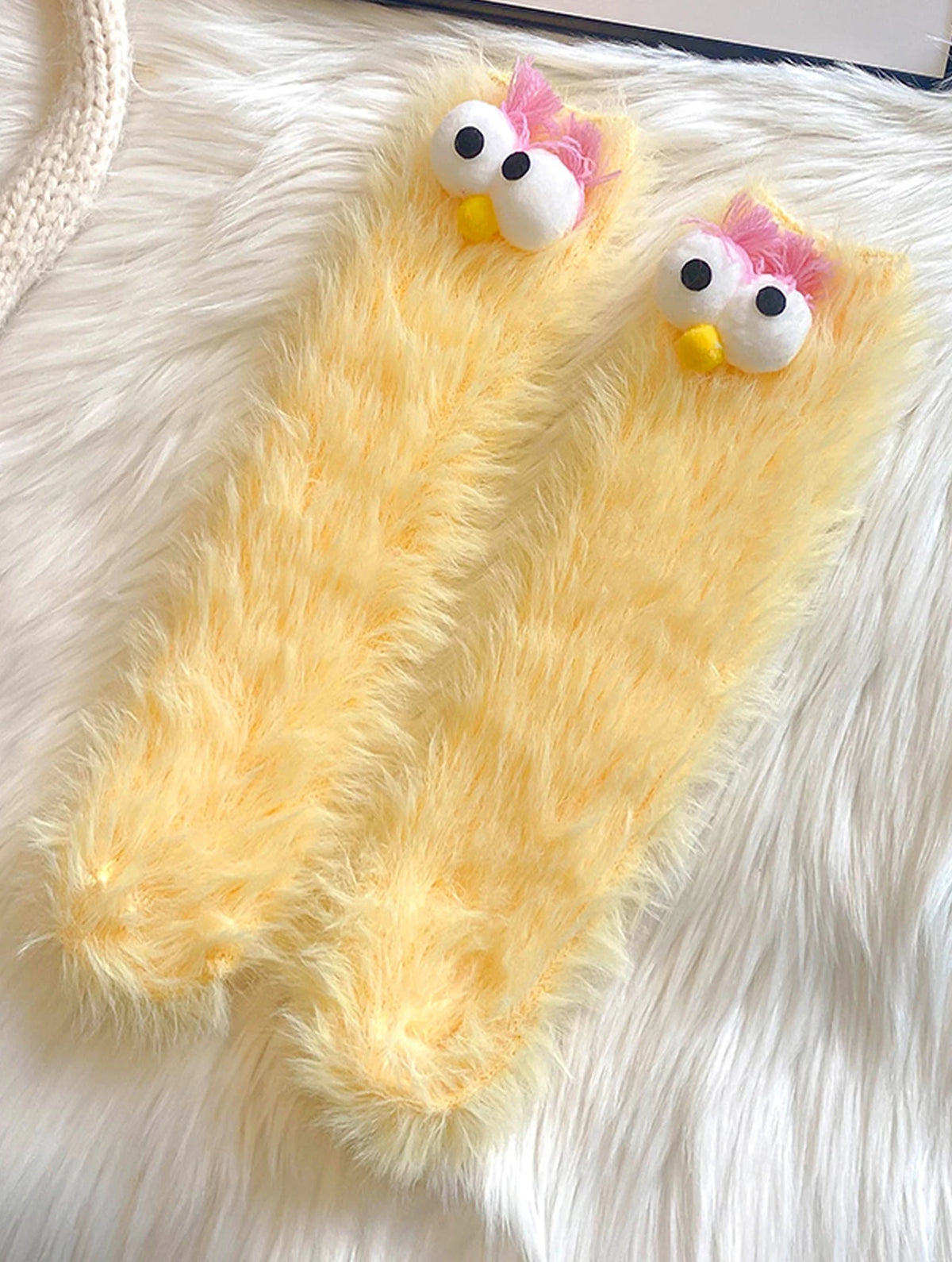 1 Pair of Women's Creative Socks, Festive Socks, Cartoon Socks, Plush Socks, Ankle Socks, Big-Eyed Socks, Cute Socks, Warm Socks