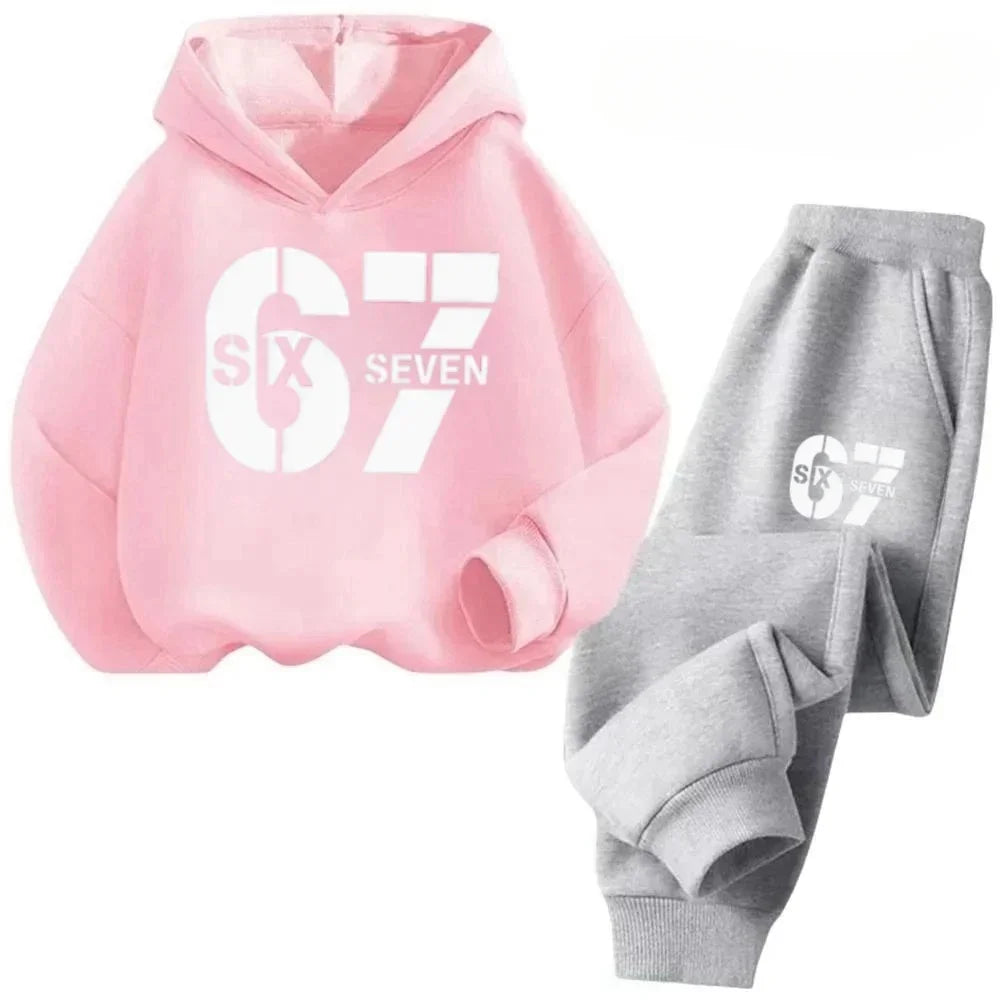 67 Chic Children's Hoodies Set 3-12Y Korean Streetwear Block Tracksuit Fashion Comfortable Kids Sweatshirt 2 Pcs Sets Pant Suit