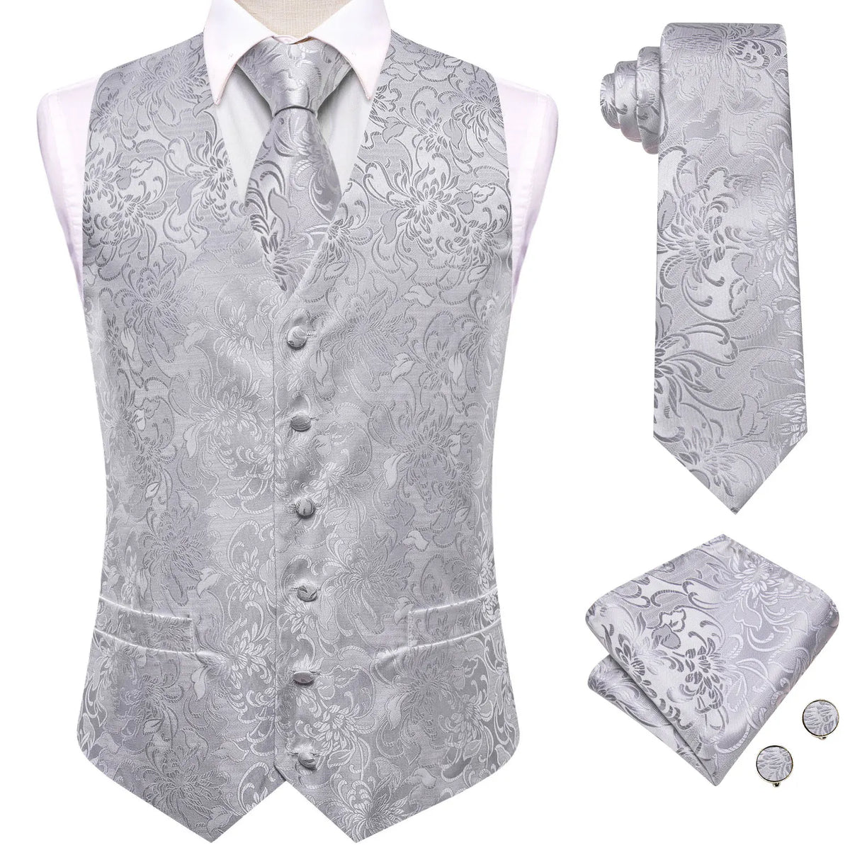 Men's Floral Vest & Tie Hanky Cufflinks Set – Formal Biege Grey White Waistcoat for Weddings Events Party Gift