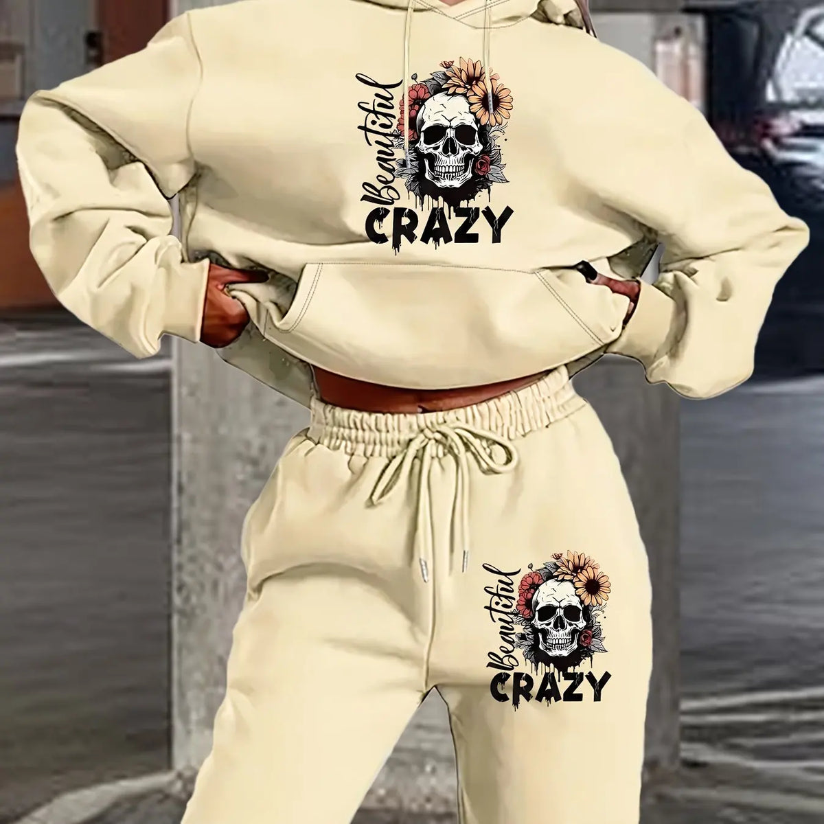 Women's Hoodie+Sports Pants Set Hip Hop Street Casual Skull Letter Printed Hoodie Loose Sports Shirt Autumn Warm Wool Clothing