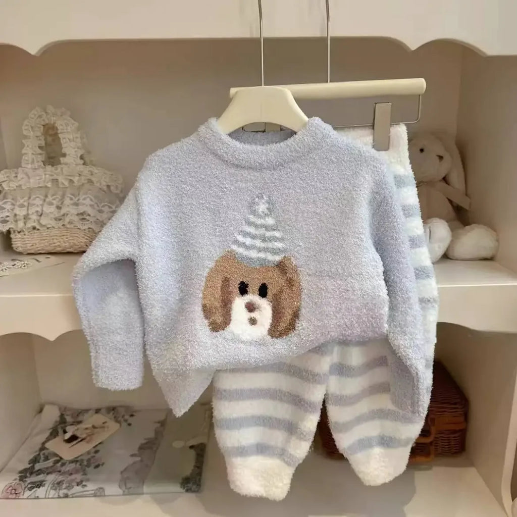 2024 Autumn and Winter Pajamas Autumn and Winter Thickened Children's Suit Girls Coral Velvet Boys Two-piece Set