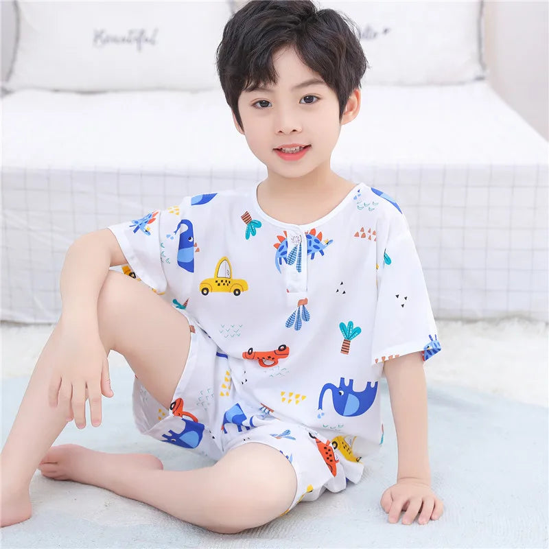 Kids Boys Girls Pajamas New 2023 Summer Thin Cute Cartoon Short Sleeve O-Neck Casual Tops with Shorts Baby Sleeping Clothing Set