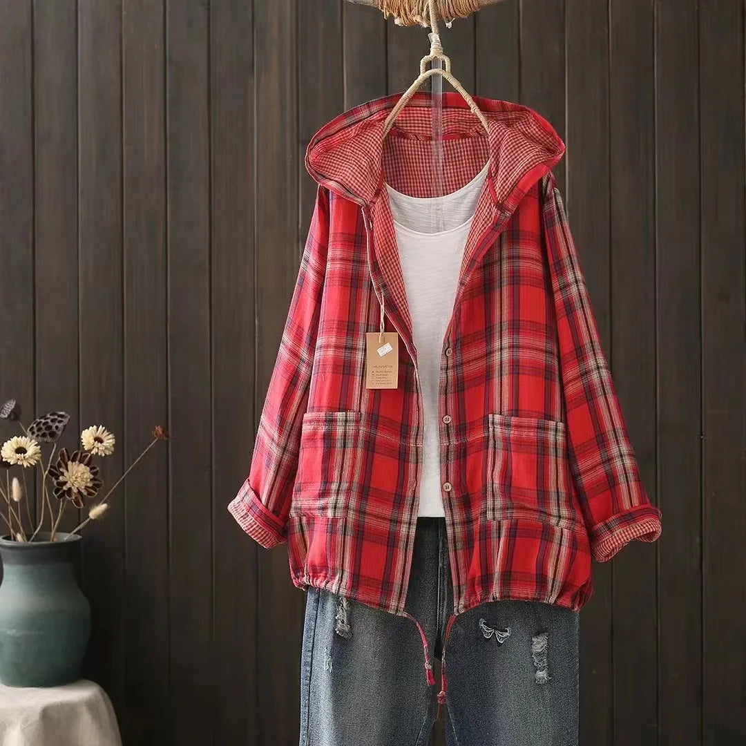New Summer Long Sleeve Anti-sunburn Coat, Hooded Vintage Plaid Shirt Coat for Women, Elegant Fashion 2024 Autumn Top C47671QM