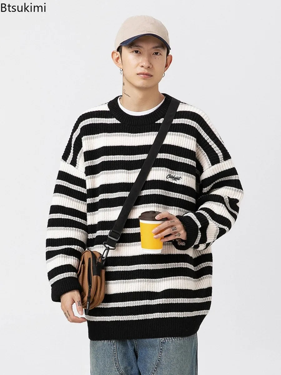 Vintage Striped Knitted Sweaters for Men Autumn Winter New Casual O-neck Embroidered Pullovers Street Style Couple Sweater Coats