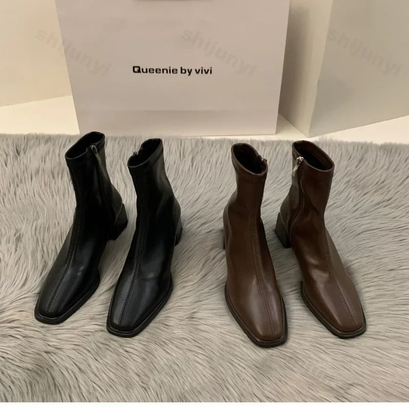 Short boots for women 2025 new spring and autumn single boots round toe raised waterproof platform bare boots for women