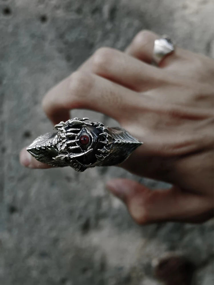 Jewelry Accessories Men Women Copper Material Demon Teeth Gothic Ring, Bold Statement Armor Style, Red Stone Eye, Textured Surfa